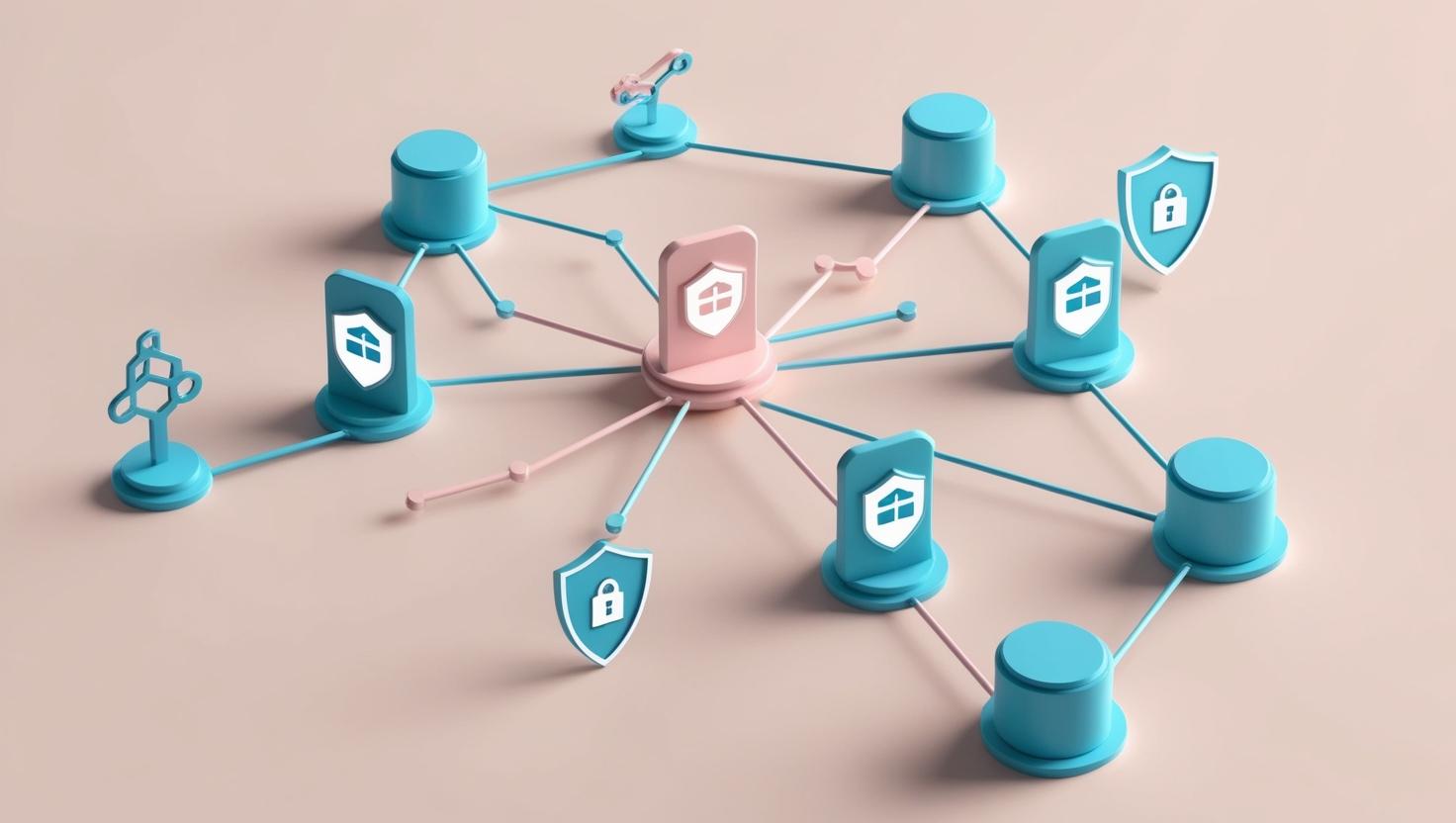 3D blockchain network with replay attack icons and security shields in a light style, no more element, no word.jpg