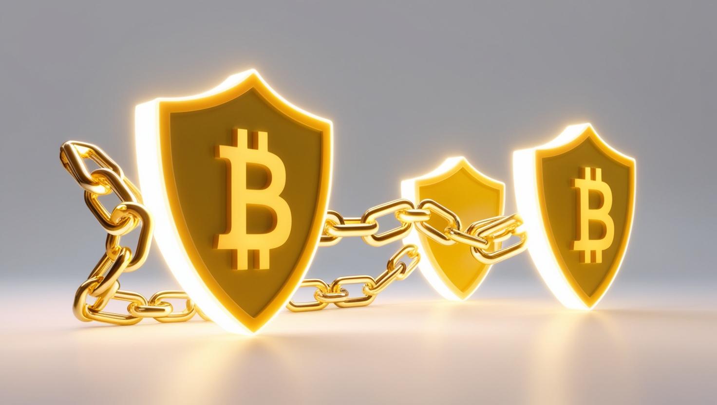 3D Glowing blockchain network with unbreakable chains and shields in a light style, no more element, no word.jpg