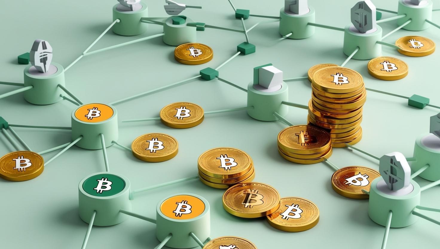 3D blockchain,bitcoin ,different value icons, games, coins in a light green style, no more element, no word (6).jpg