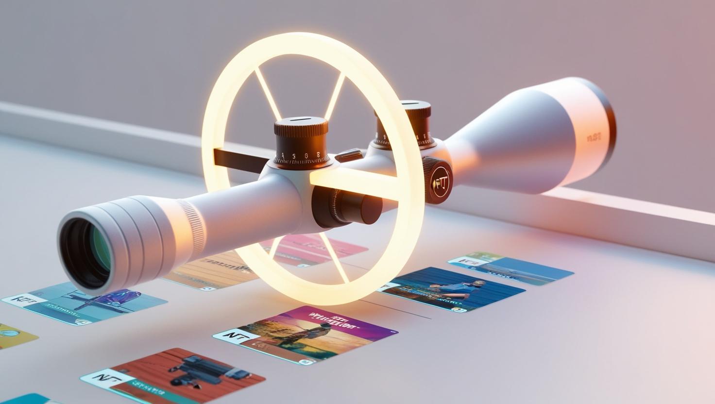 3D Glowing sniper scope targeting NFT marketplace listings in  a light style, no more element, no word.jpg