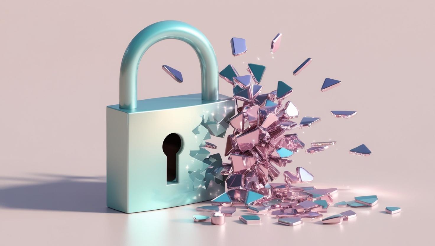A 3D digital lock breaking apart, symbolizing security vulnerabilities in DeFi platforms where scams can occur in a light style, no more element.jpg