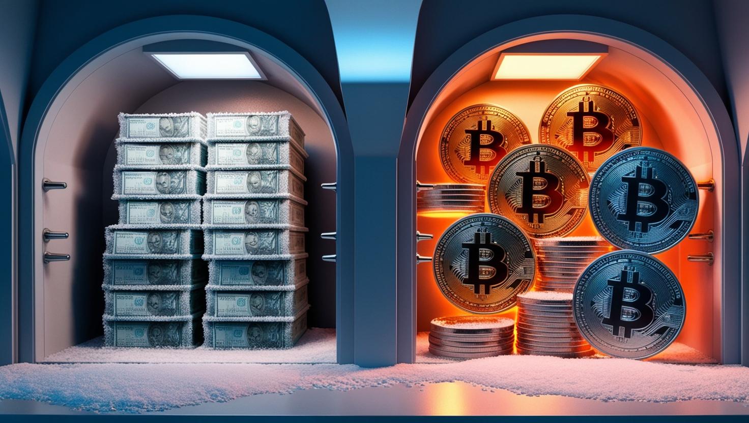 3D render of a bank vault with frozen fiat money on one side and a blockchain network with blacklisted crypto coins on the other, contrasting cold and warm lighting, high detail, dramatic tone in a light style, no more element, no word.jpg