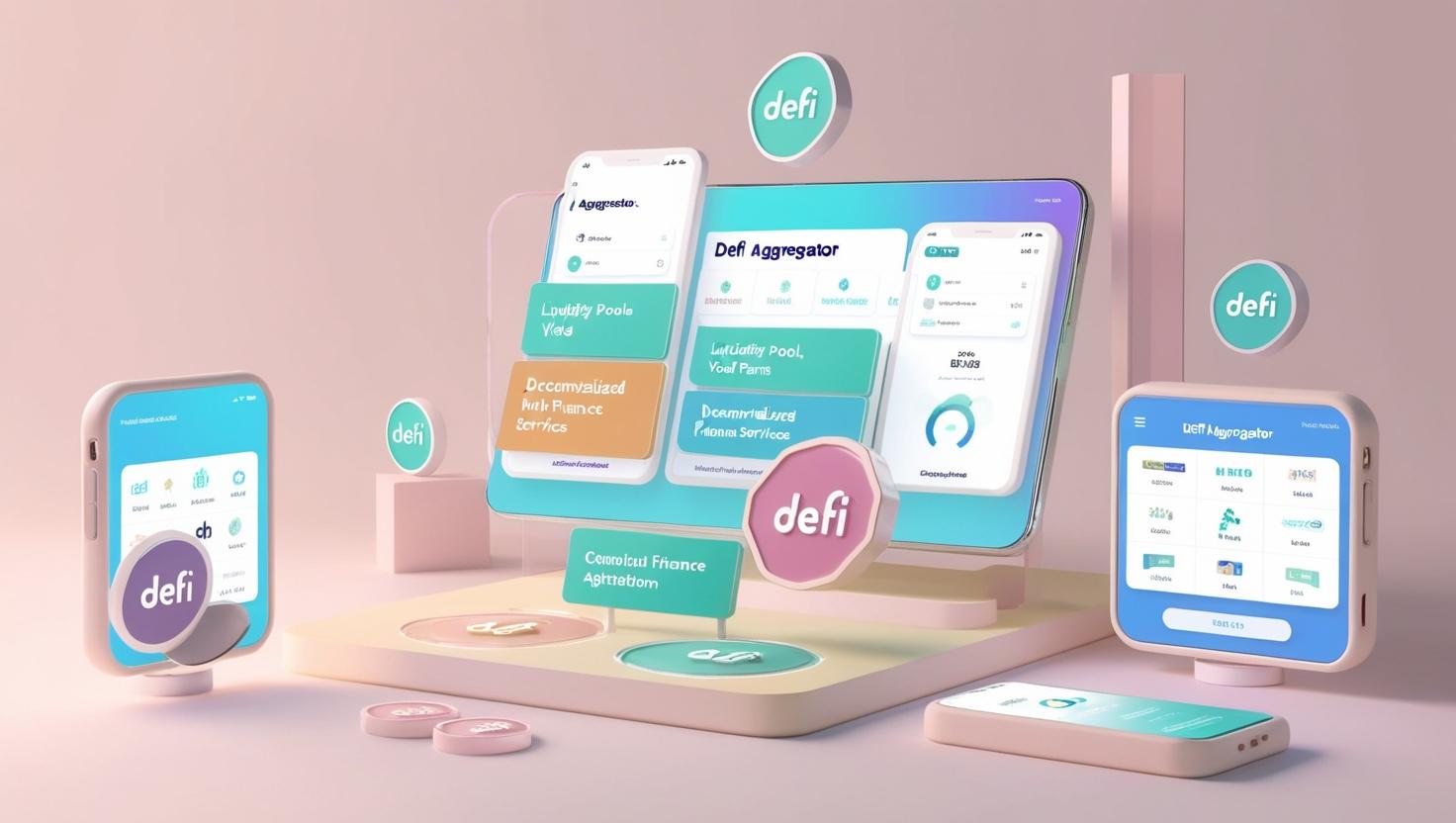 3D visual of a DeFi aggregator platform, combining different liquidity pools, yield farms, and decentralized finance services into one interfac in a light style, no more element, no text.jpg