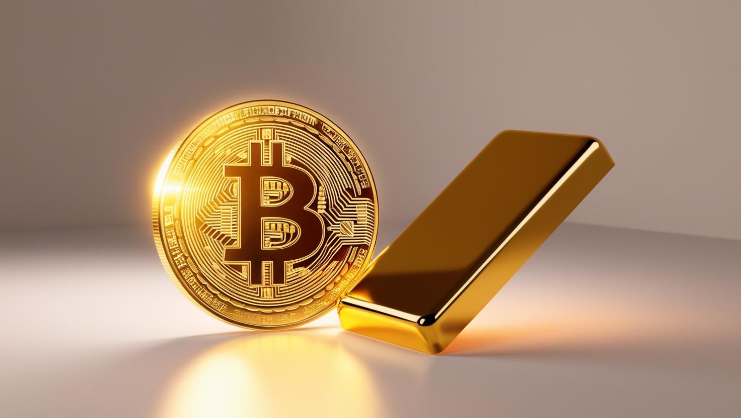 3D glowing Bitcoin coin vs. gold bar in a light style, no more element, no word.jpg
