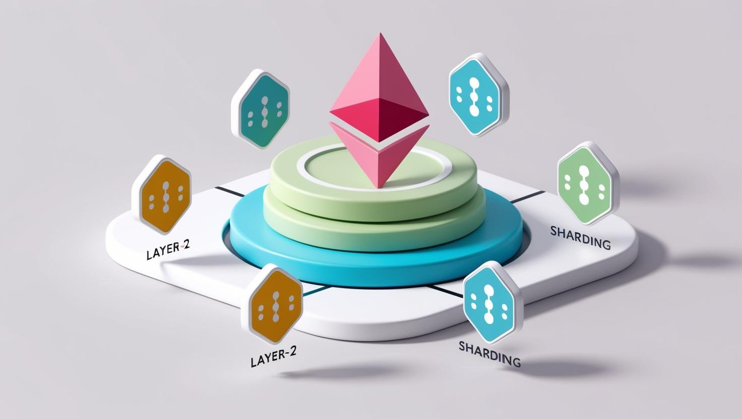 3D Ethereum blockchain with scaling solutions (Layer-2, sharding) and performance icons in a light style, no more element, no word (1).jpg