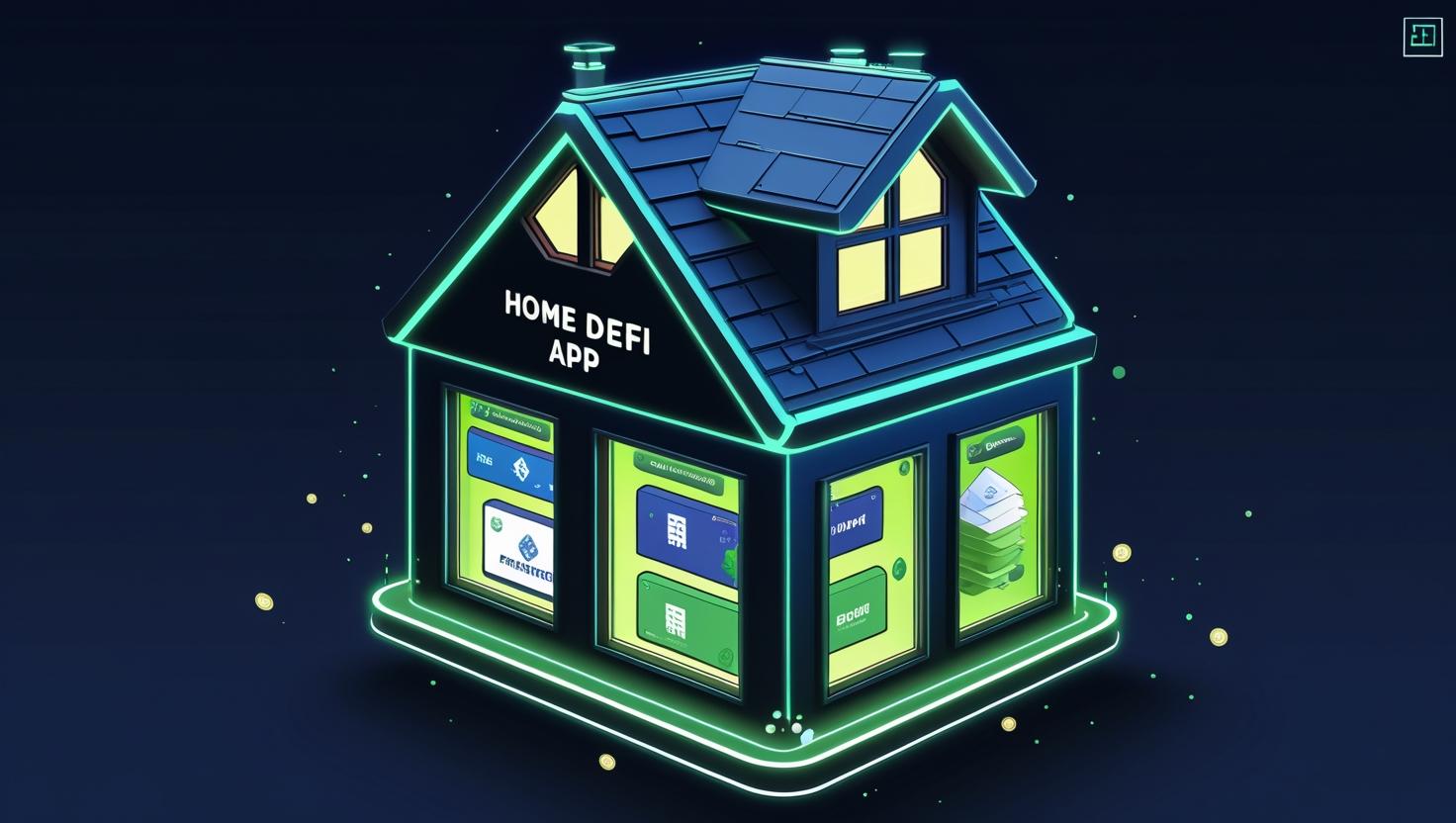A cozy futuristic house-shaped interface floating in cyberspace, labeled -HOME DeFi App-, with simple financial tools (wallets, swaps, farms) visible through its windows. Warm neon glow, isometric design, beginner-friendly vibe in this colo.jpg
