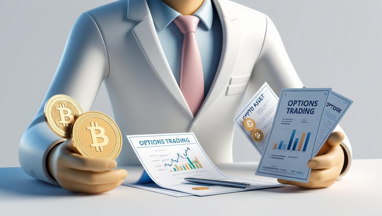 3D an investor holds crypto assets and sells options in a light style, no more element, no more text and word.jpg