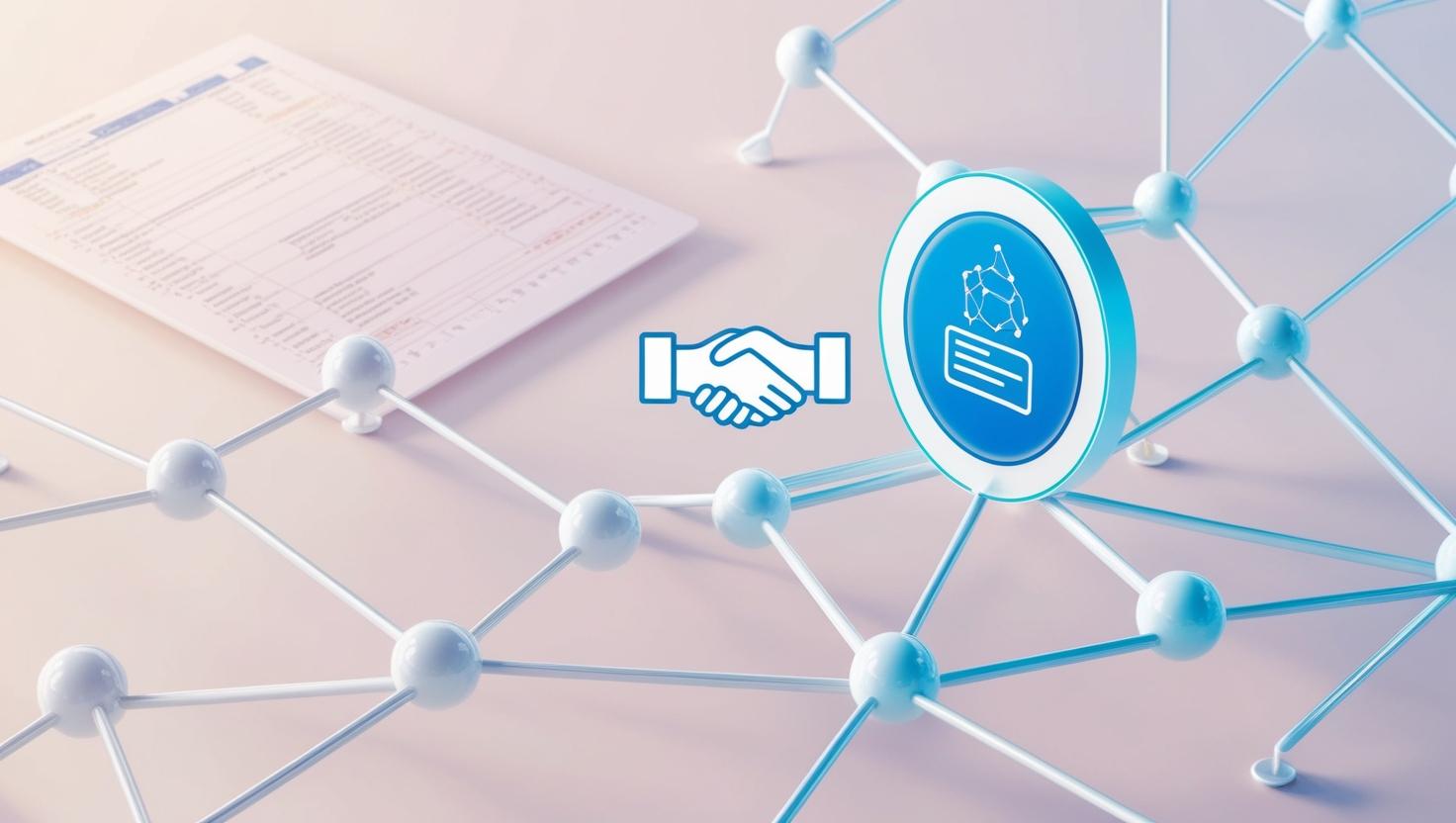 3D network of connected nodes with a blockchain, handshake icon representing agreement, digital ledger in the background in a light style, no more element.jpg