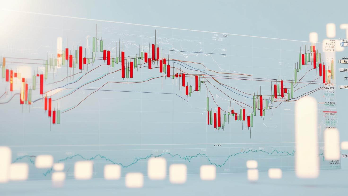 3D view of a complex trading chart with candlestick patterns, moving averages, and indicators in a light style, no more element, no text.jpg