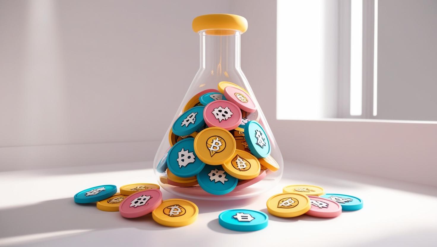 3D lab flask, colorful meme icons, crypto coin in a light style, no more element.jpg