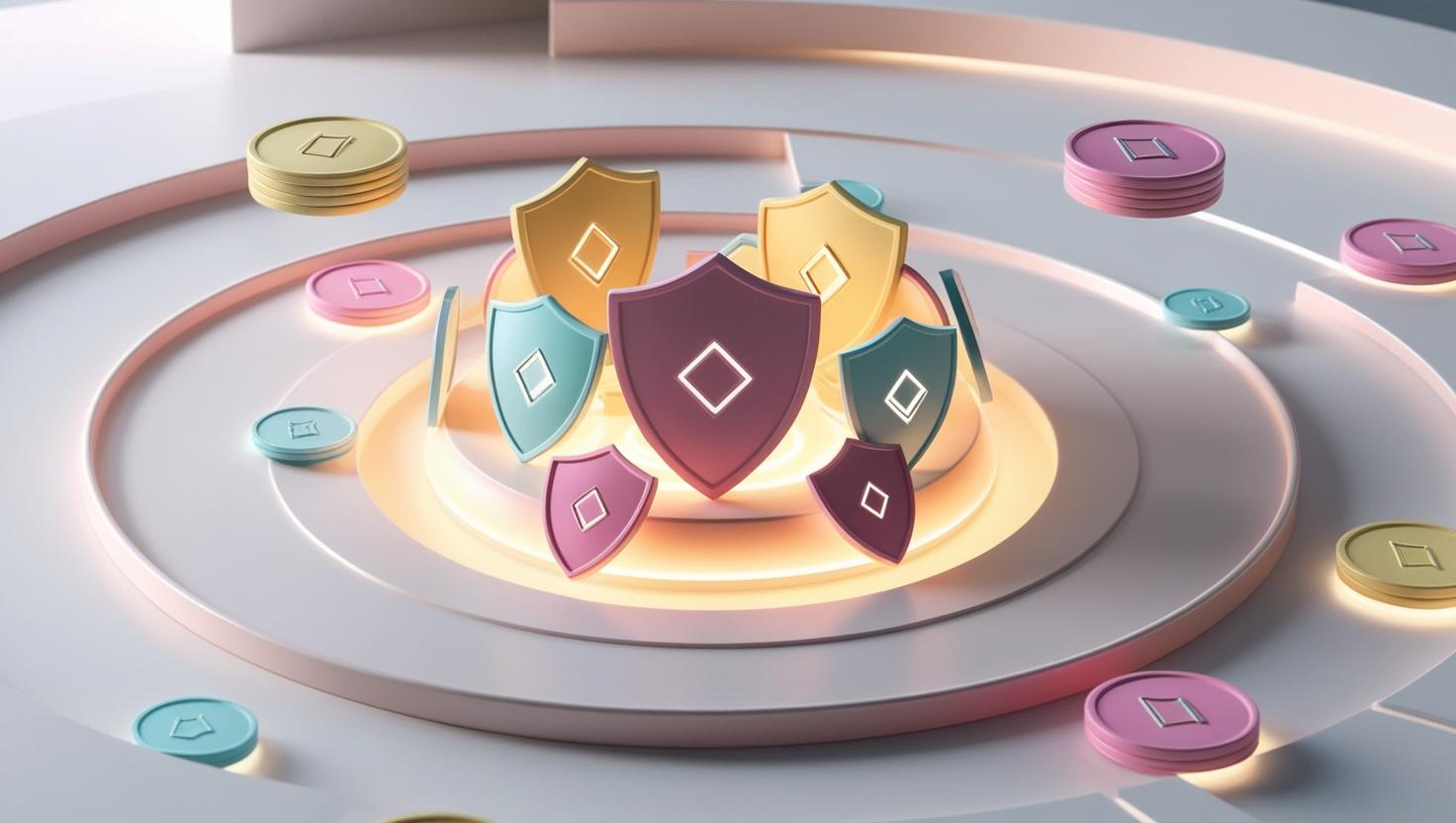 Futuristic 3D DeFi ecosystem with digital coins and shields representing growth and challenges in a light style, no more element, no text.jpg