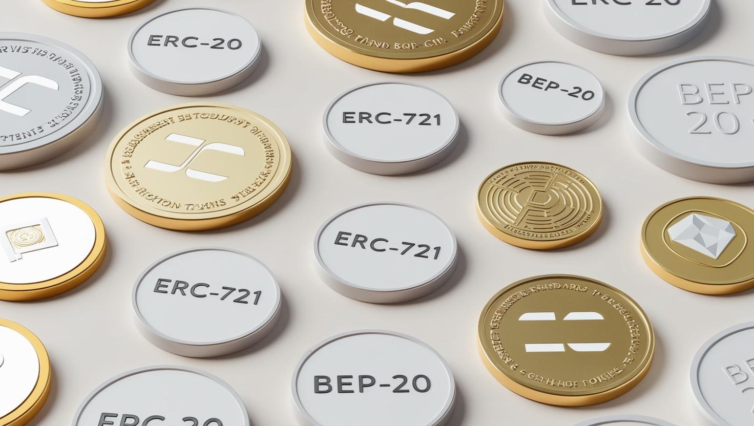 A 3D representation of multiple coins or tokens, each labeled with standards like _ERC-20,_ _ERC-721,_ _BEP-20,_ etc in a light style, no more element.jpg