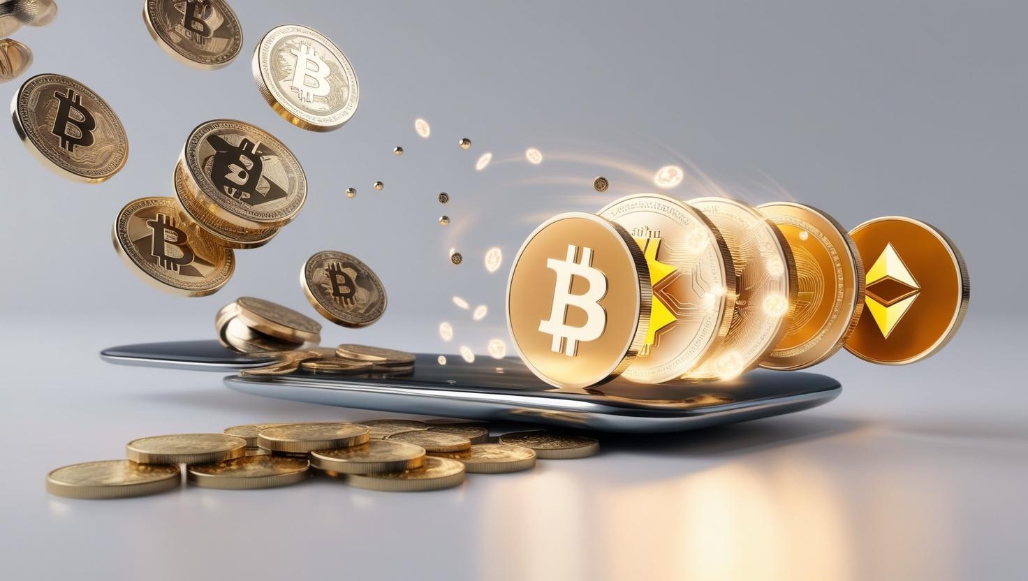 3D coins and crypto symbols flowing into a digital wallet, with a transition from traditional money (fiat) to digital cryptocurrencies in a light style, no more element.jpg