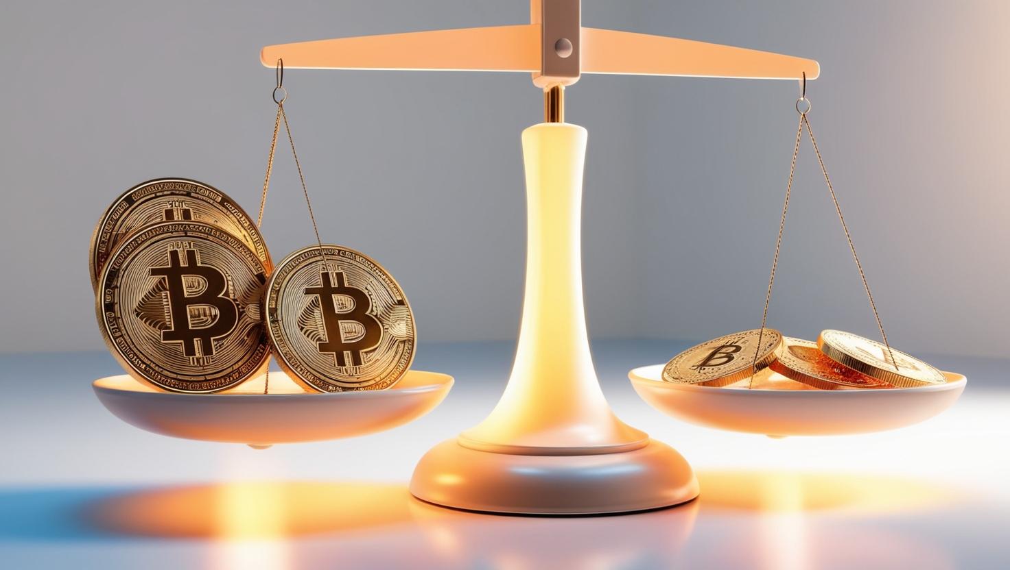 3D image showing a balance scale with crypto coins on one side in a light style, no more element, no word.jpg