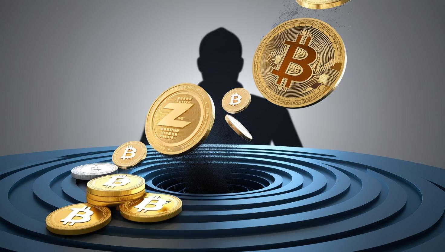 3D Glowing cryptocurrency coins being sucked into a dark vortex, hacker silhouette in the background in a light style, no more element, no word.jpg