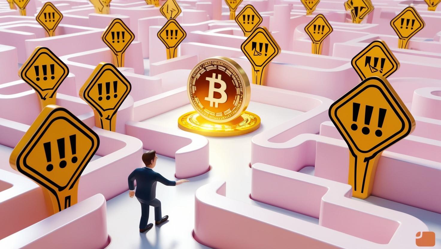 _3D maze filled with warning signs ,- with a trader figure trying to navigate safely towards a crypto coin in a light style, no more element.jpg