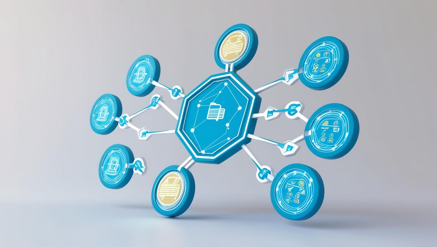 33D blockchain network with decentralized lending and borrowing icons, smart contracts in motion in a light style, no more element, no text.jpg