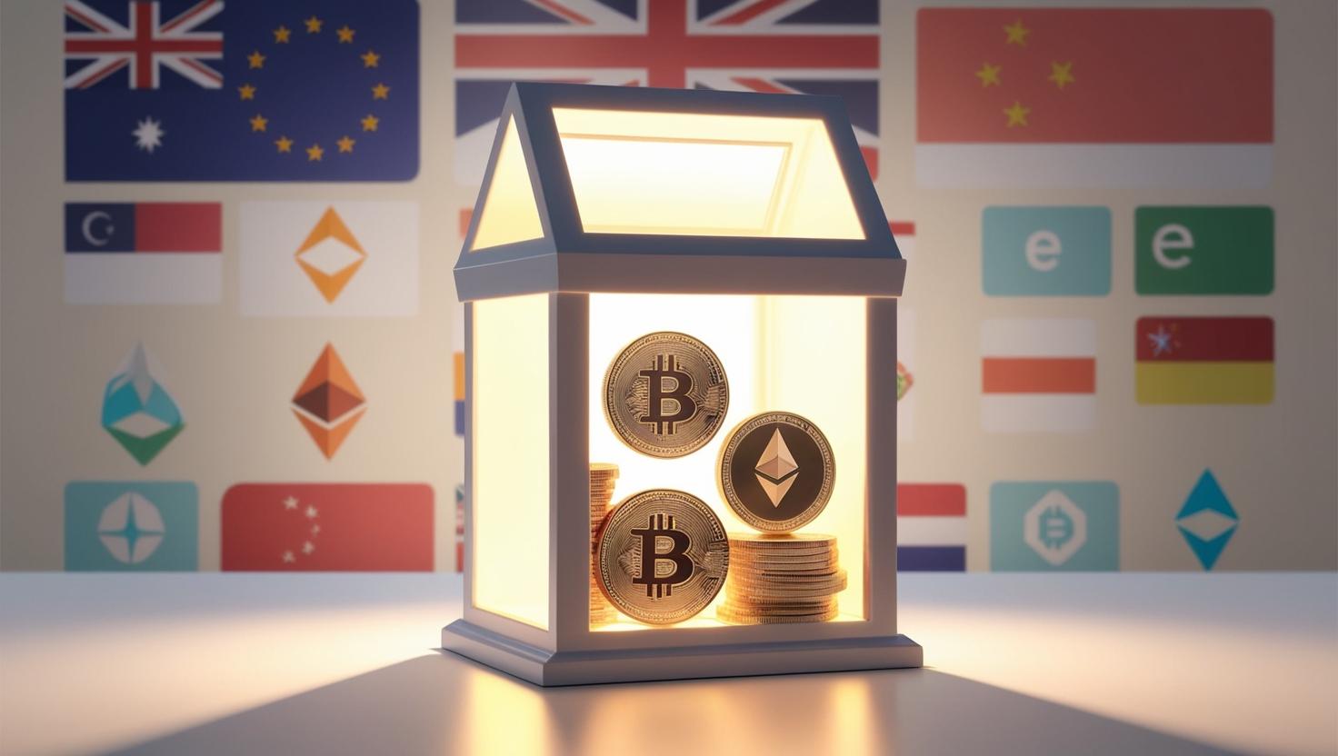 3D Glowing ballot box with cryptocurrency coins (Bitcoin, Ethereum) inside, political flags and blockchain icons in the background in a light style, no more element, no word.jpg
