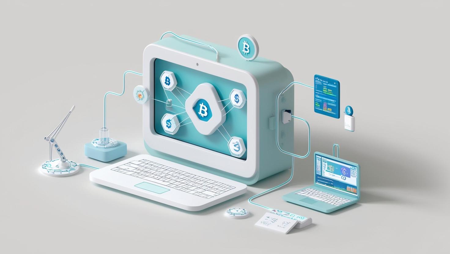 3D Virtual Machine with blockchain nodes and developer tools in a light style, no more element, no word.jpg