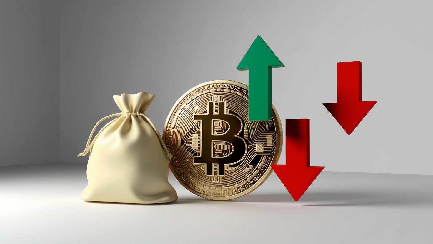3D Bitcoin with inflation and deflation arrows, money bag in a light style, no more element.jpg
