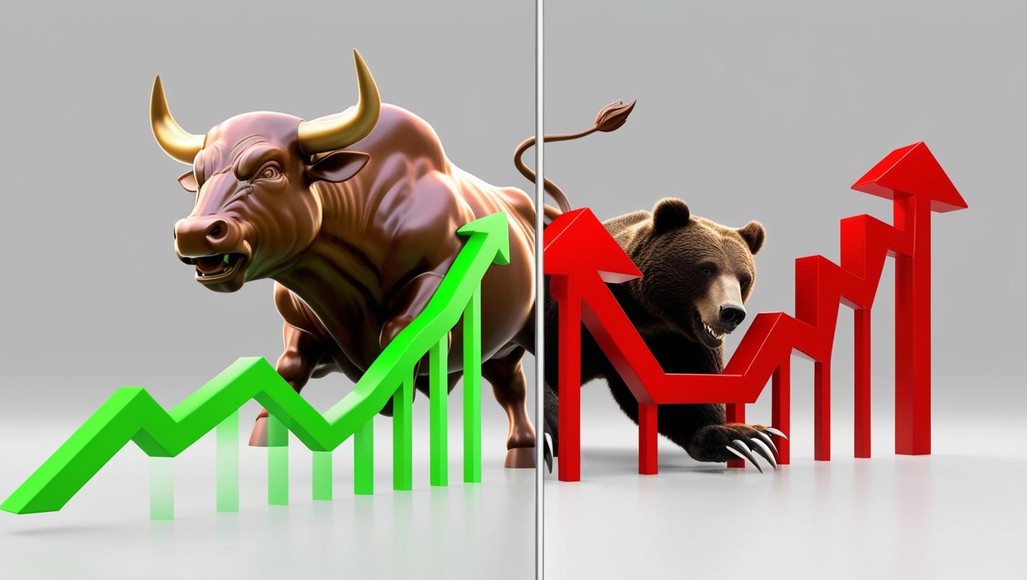 Split 3D scene_ bull charging upwards with green charts on one side, bear clawing downwards with red charts on the other in a light style, no more element, no word.jpg