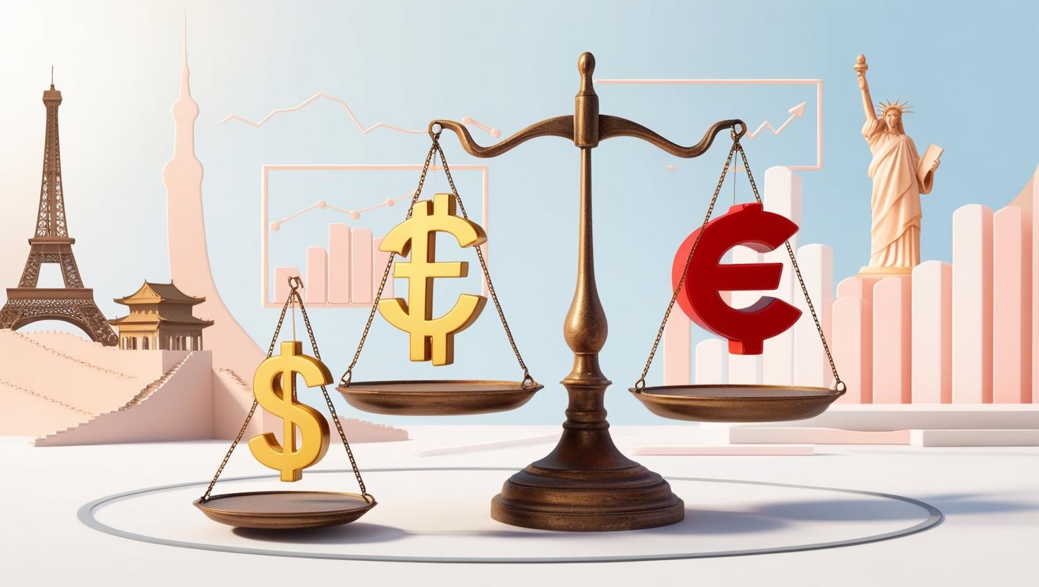 3D illustration of currency symbols balancing on scales, with global landmarks and economic graphs in the background in a light style, no more element, no text.jpg
