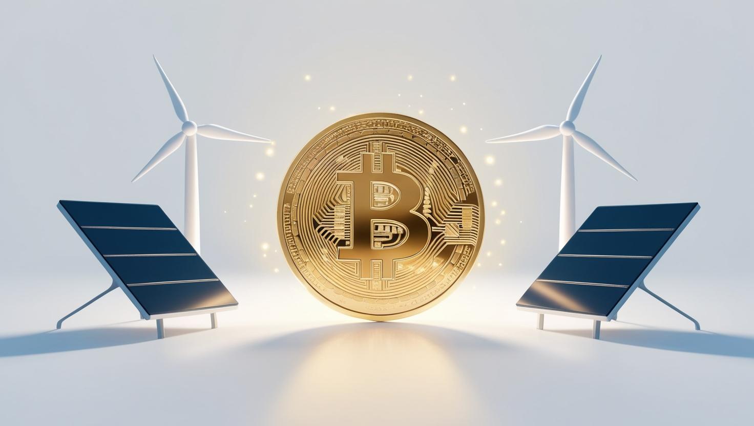3D Glowing Bitcoin coin surrounded by renewable energy icons (solar panels, wind turbines) in a light style, no more element, no word.jpg