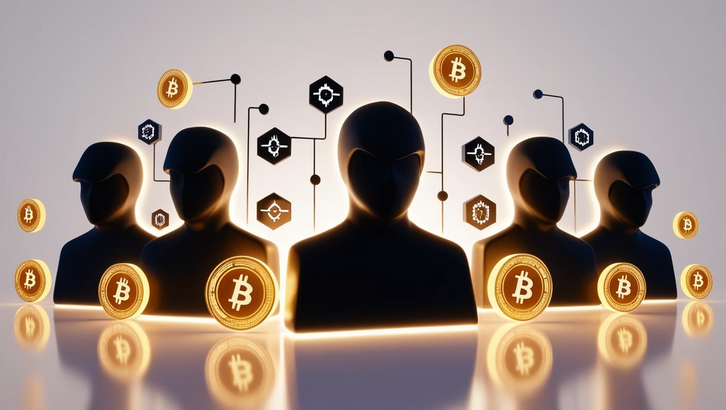 3D Glowing hacker group silhouette with cryptocurrency coins and cyberattack icons in a light style, no more element, no word (1).jpg