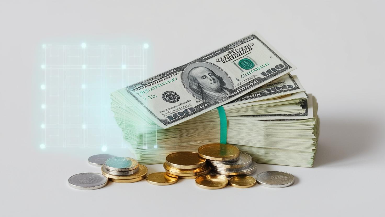 A stack of paper money and coins with a digital overlay, symbolizing fiat currency in the modern age in a light style, no more element.jpg