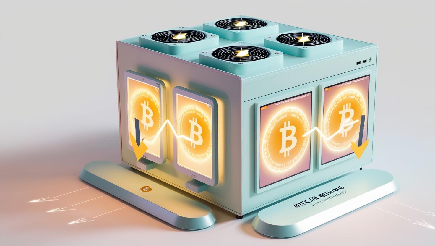 3D Bitcoin mining rig with glowing hash rate graphs and difficulty adjustment arrows  in a light style, no more element, no word.jpg