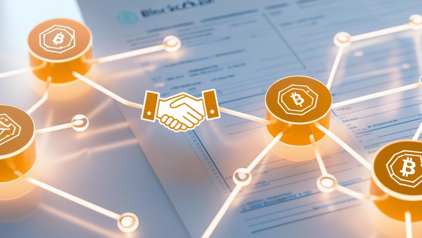 3D network of connected nodes with a blockchain, handshake icon representing agreement, digital ledger in the background in a light style, no more element (1).jpg