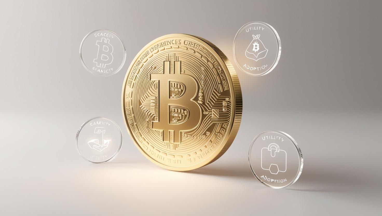 3D Glowing Bitcoin coin with value icons (scarcity, utility, adoption) floating around in a light style, no more element, no word.jpg