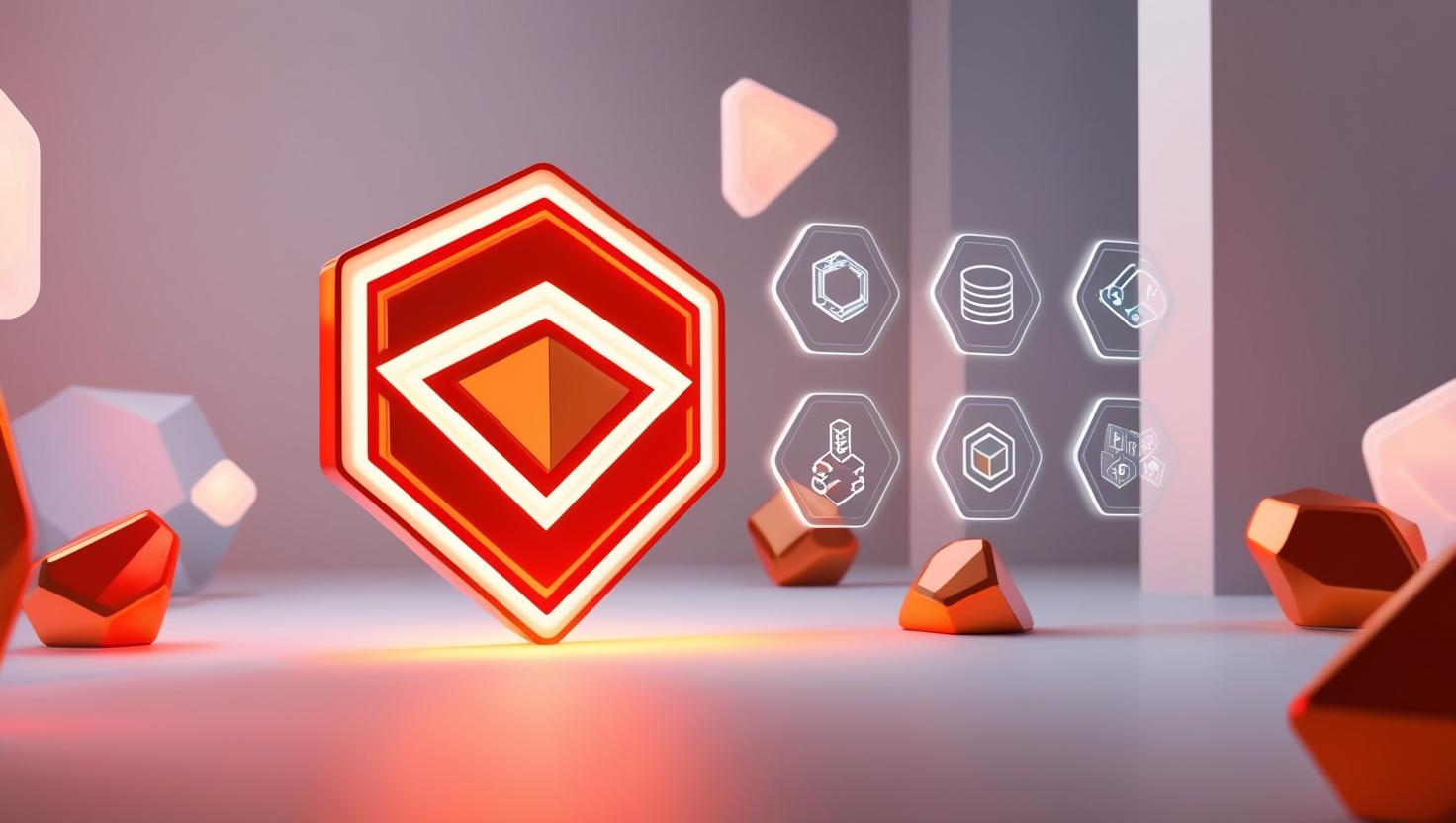 3D Glowing Redstone logo with modular blockchain and data icons in a light style, no more element, no word.jpg
