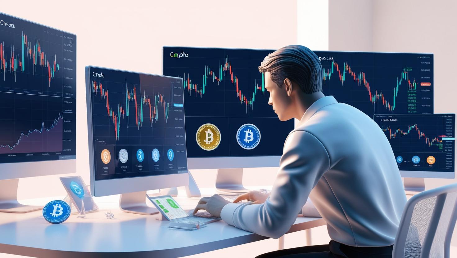 33D crypto trader analyzing charts and crypto tokens in a light style, no more element, no word.jpg