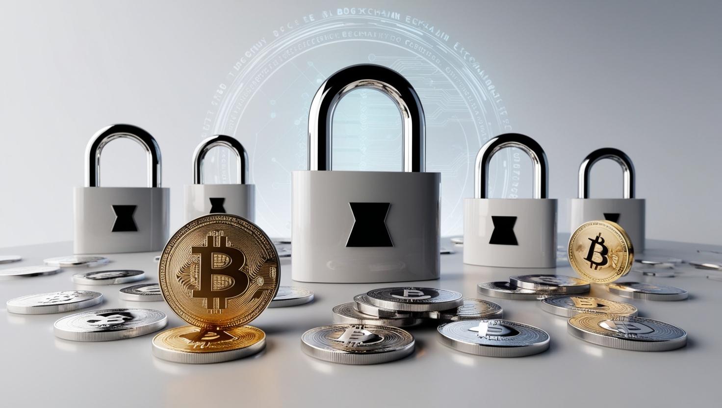 A 3D A secure cryptocurrency exchange with blockchain patterns, digital padlocks, and coins like Bitcoin and Ethereum in a light style, no more element, real, no text (1).jpg
