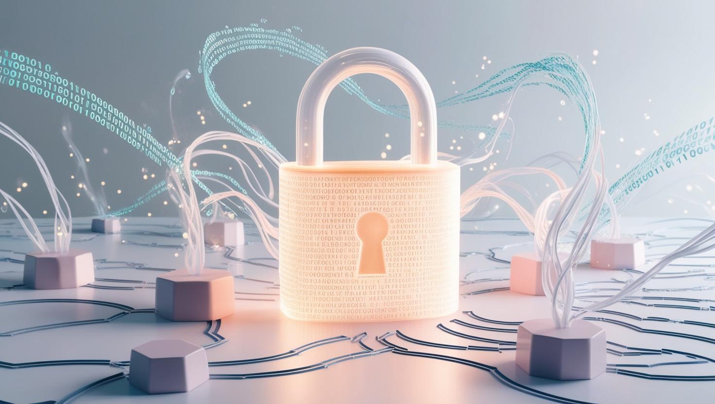 3D digital lock surrounded by cryptographic formulas and binary code, data flowing through interconnected blockchain nodes in a light style, no more element.jpg