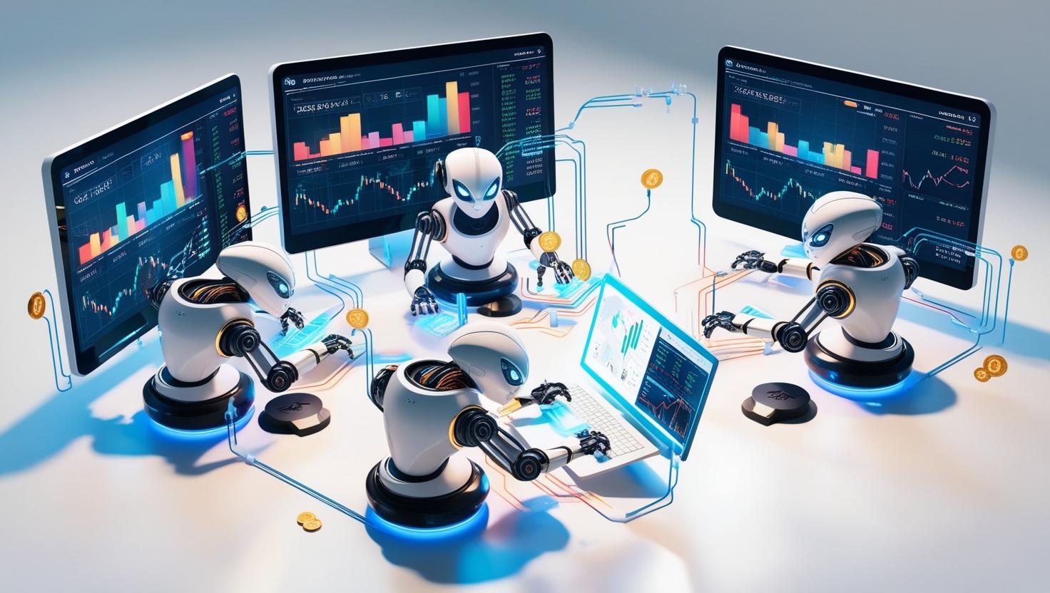 3D depiction of algorithmic trading bots running complex strategies, executing trades on multiple crypto exchanges with real-time data analysis in a light style, no more element, no text.jpg