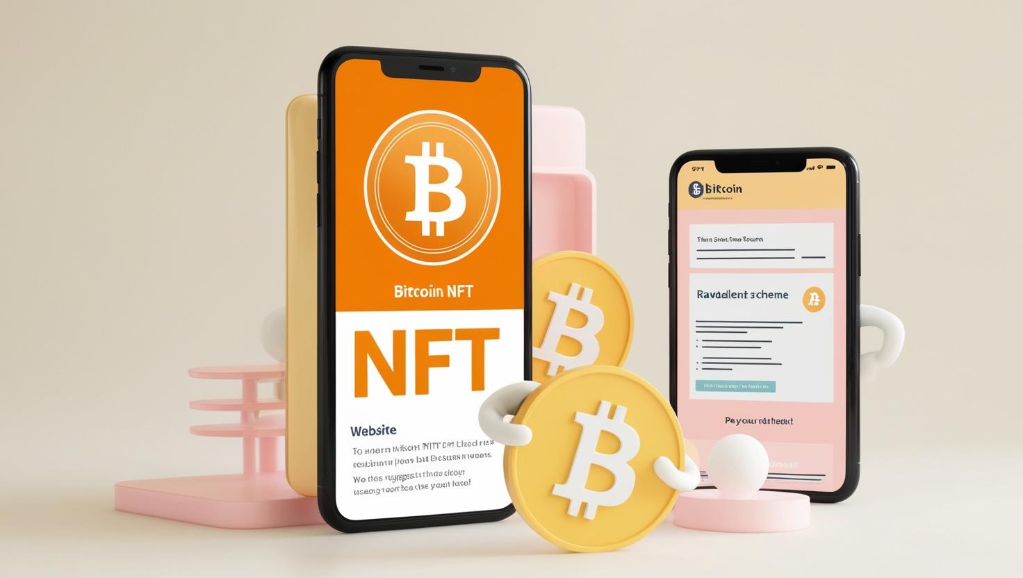 3D bitcoin, NFT, phones, website, scam in a light style, no more element, no word.jpg