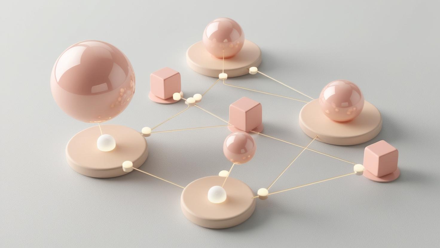 3D bubble map with interconnected nodes and tokens in a light style, no more element, no word.jpg