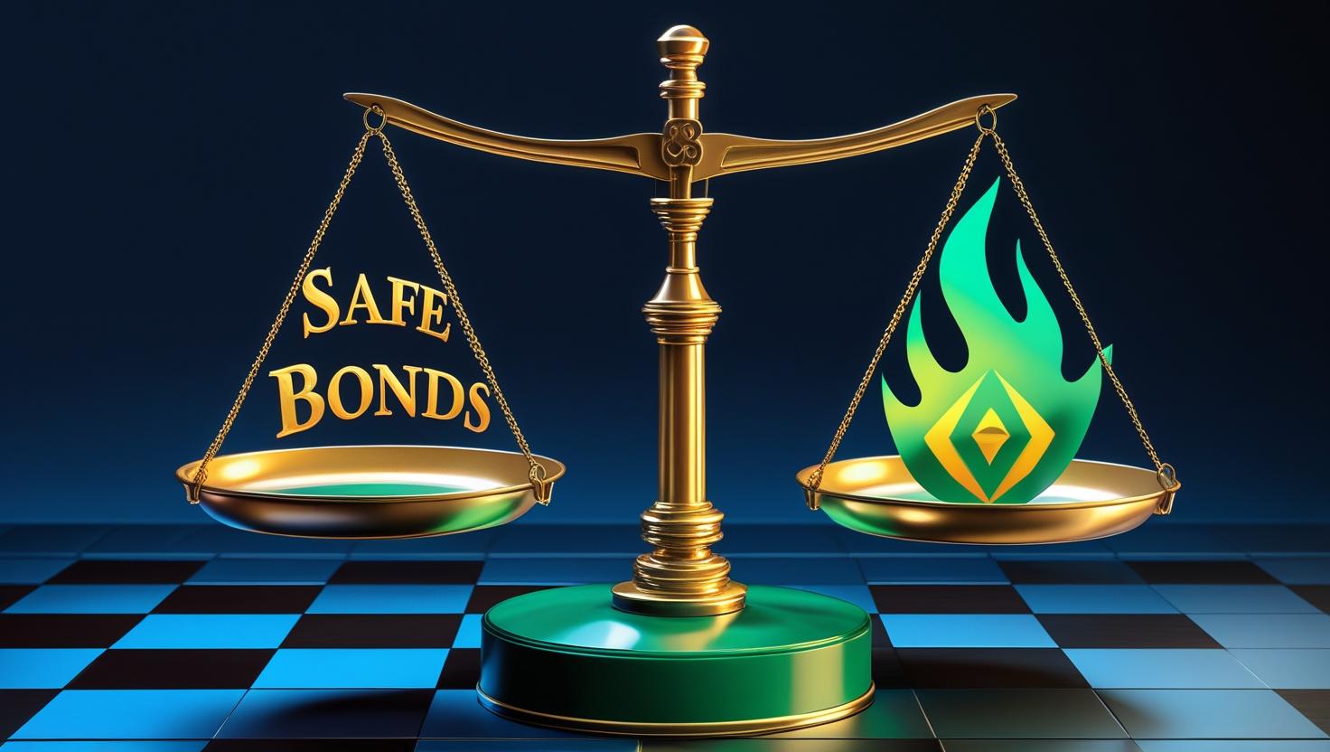 A green (-A0FF00) balance scale_ one side ‘Safe Bonds’ (gold), the other ‘Volatile Crypto’ (fire), on a dark blue (-142032) chessboard..jpg