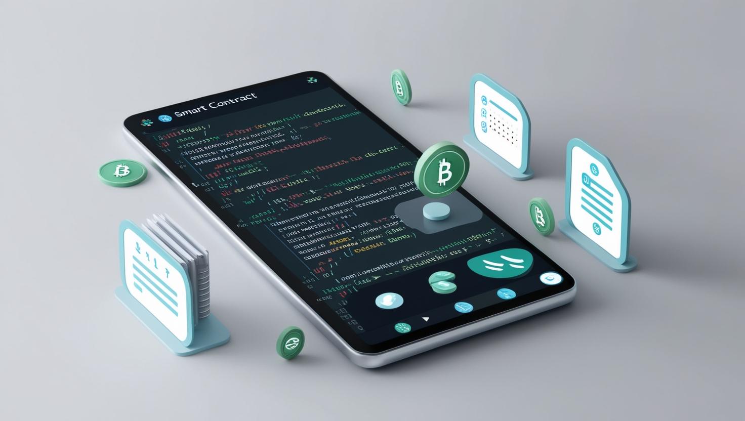 3D smart contract code with data visualization and blockchain icons in a light style, no more element, no word.jpg