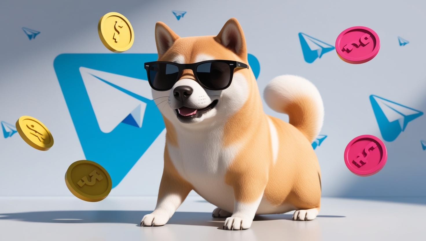 3D illustration of of a Shiba Inu dog wearing sunglasses, Telegram-s paper plane logo in the background, surrounded by floating coins in a playful, meme-style design in a light style, no more element.jpg