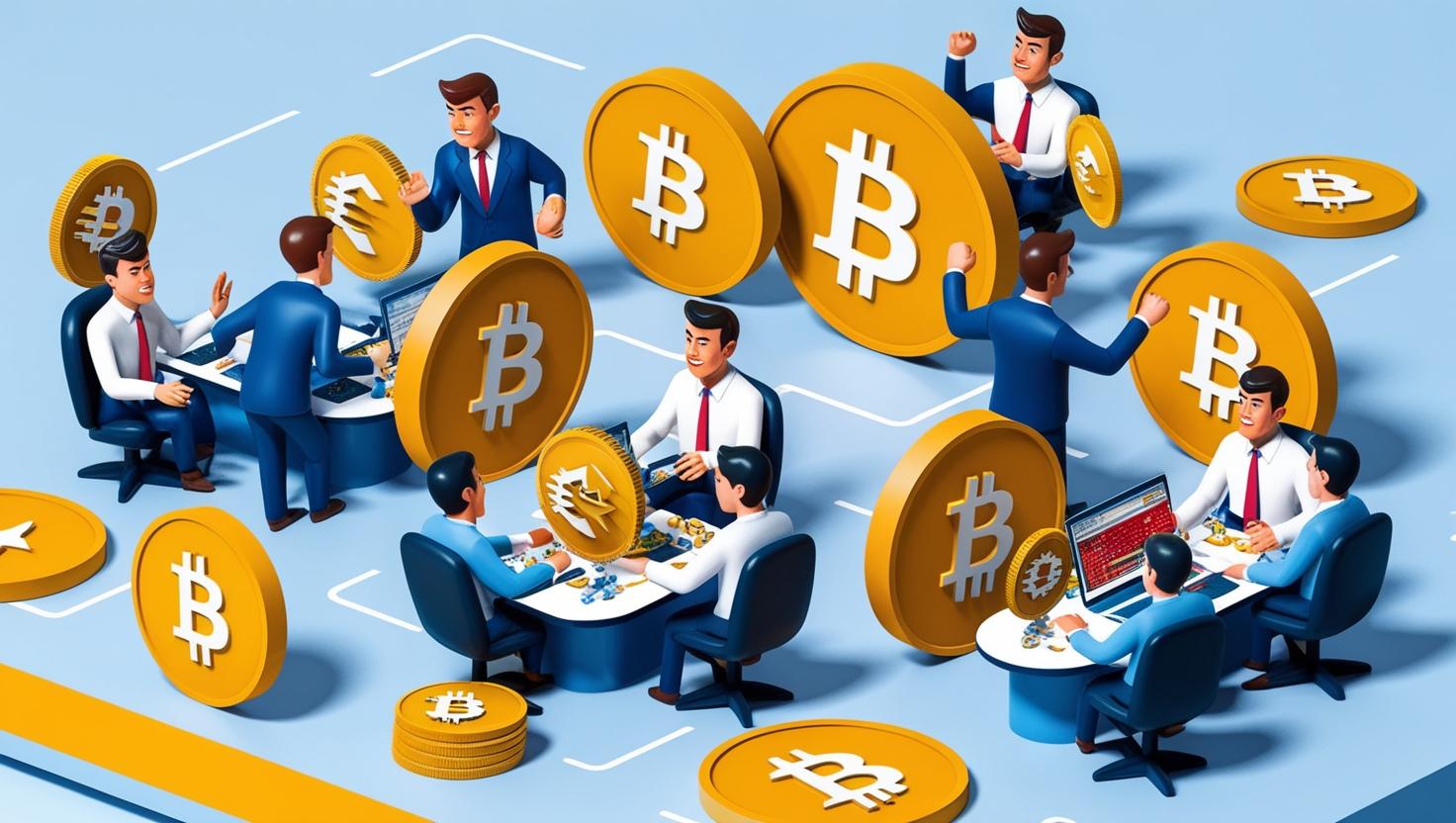 3D competition scenario with crypto traders battling in a bull market in a light style, no more element, no word.jpg