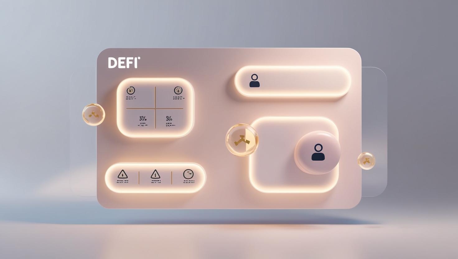 3D Glowing DeFi platform interface with risk icons in a light style, no more element, no word.jpg
