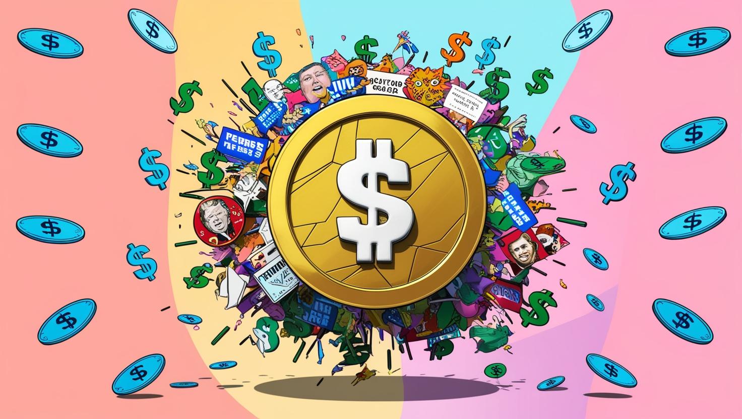 3D cartoon-style political memecoin , chaotic explosion of memes and dollar signs in the background in a light style, no more element, no word.jpg