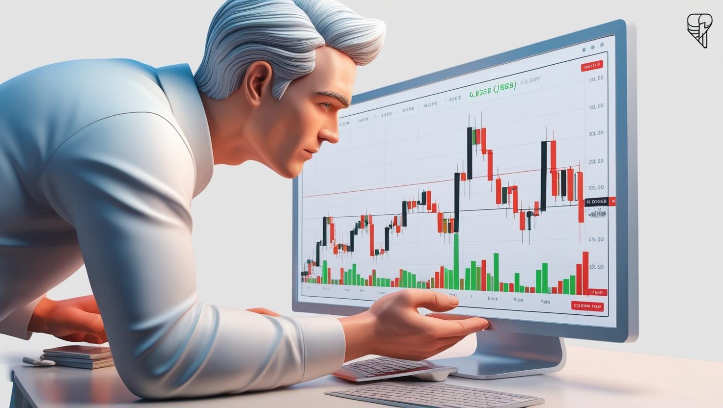 A 3D illustration of a person executing short selling on cryptocurrency, with a falling market chart and profit loss indicators. in a light style, no more element, no word.jpg