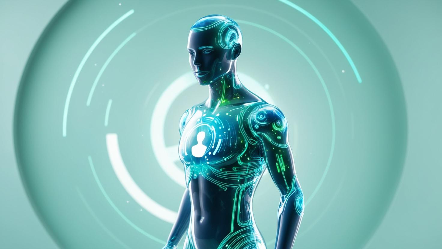 Holographic AI human replica forming from digital particles, futuristic tech background in a light style, no more element, no word.jpg