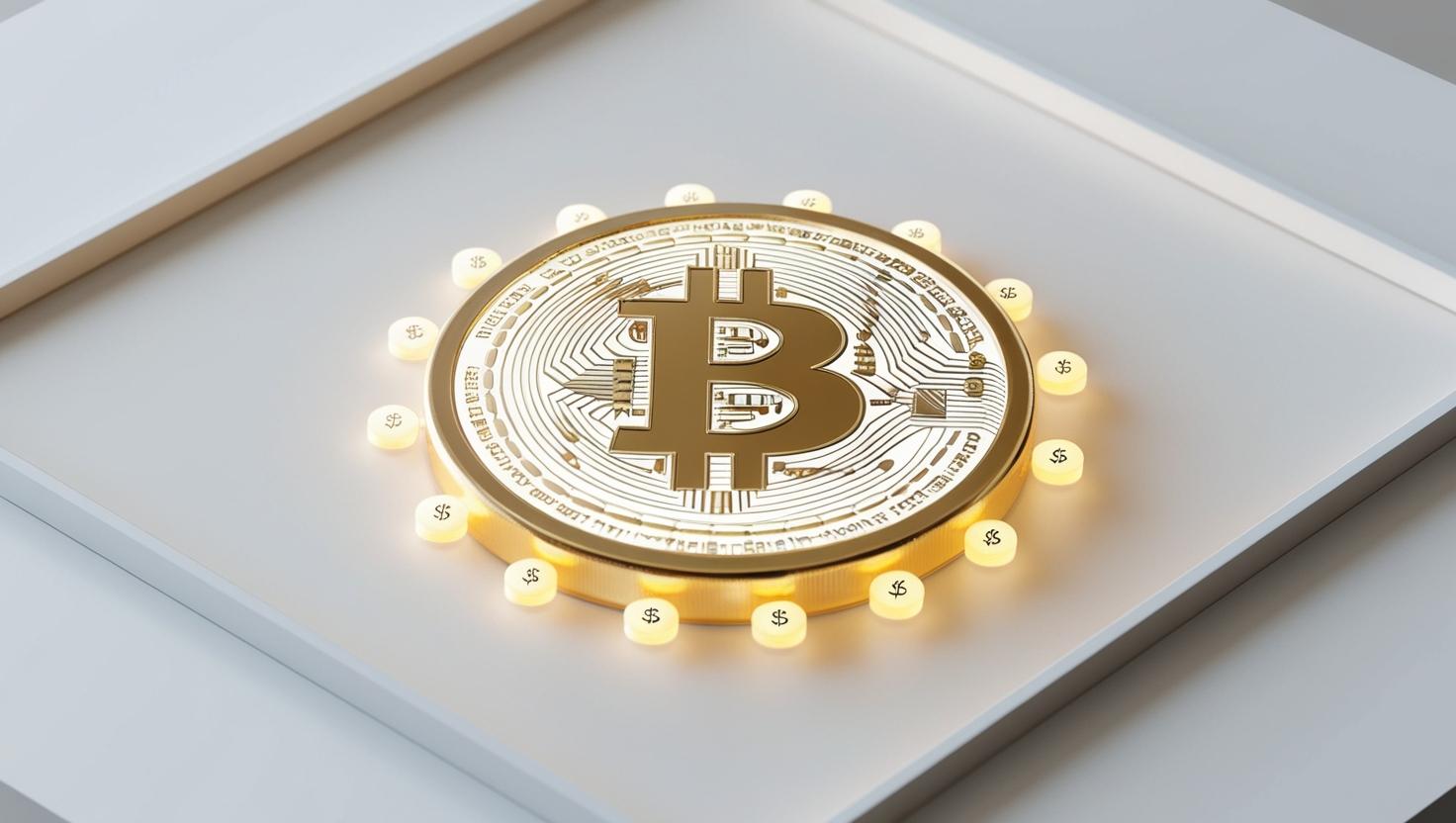 3D Glowing Bitcoin coin with value icons in a light style, no more element, no word.jpg