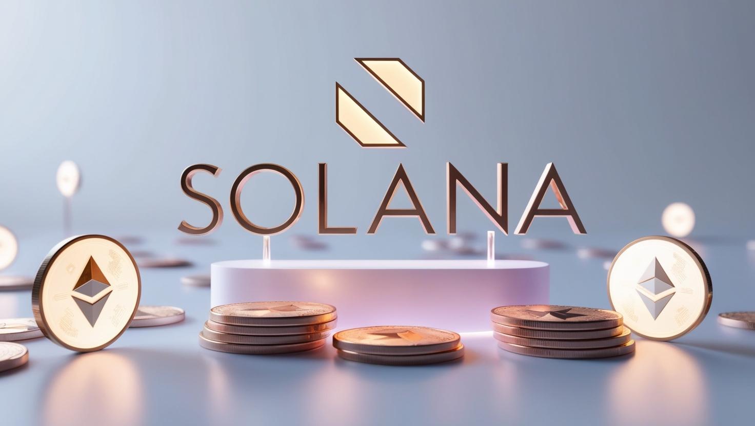 3D render of Solana logo with staking coins and validator nodes glowing in a light style, no more element, no word.jpg
