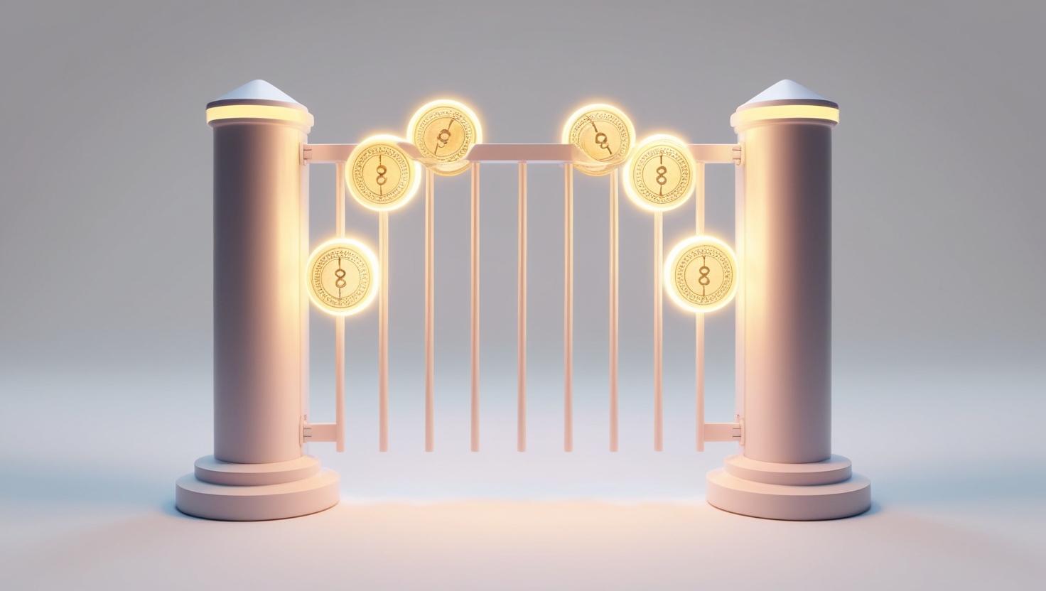 3D digital gate with glowing tokens unlocking exclusive content,in  a light style, no more element, no word.jpg